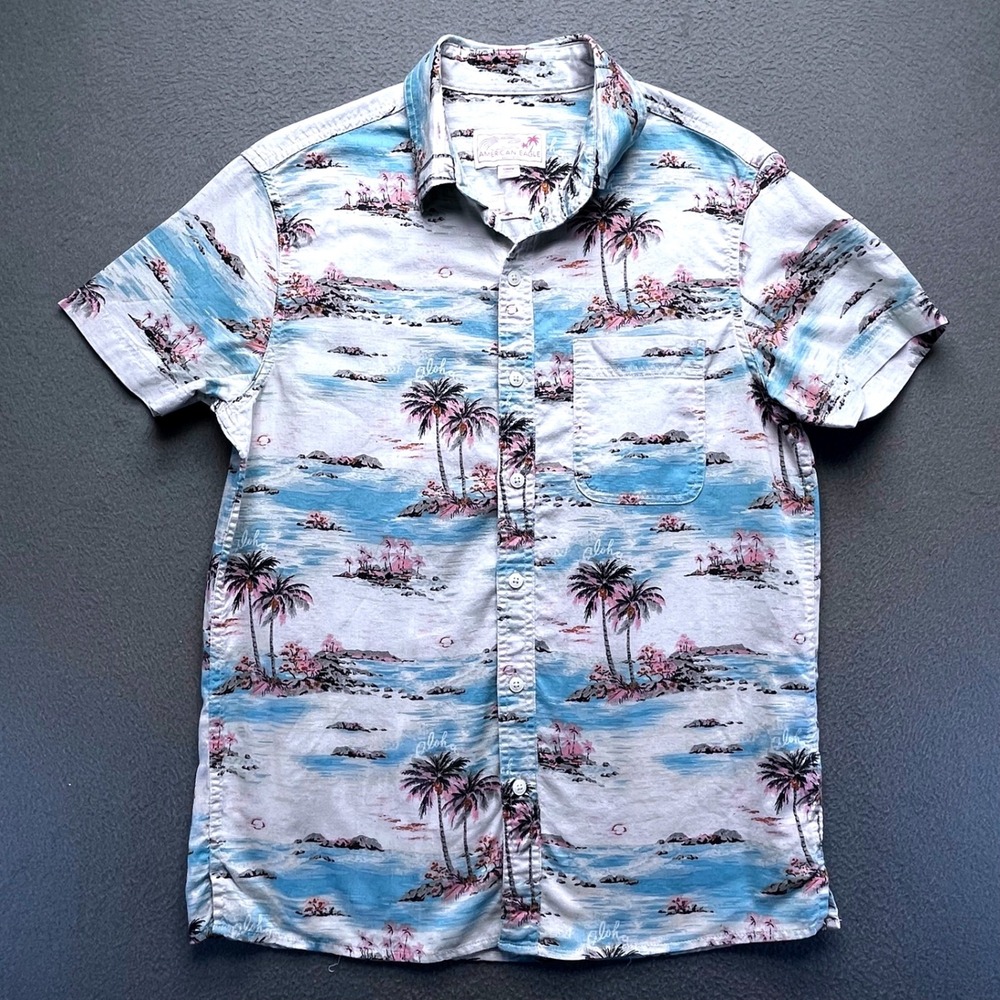 American Eagle Men Hawaiian Shirt Tropical Palm Tree Blue White Cotton Small‎